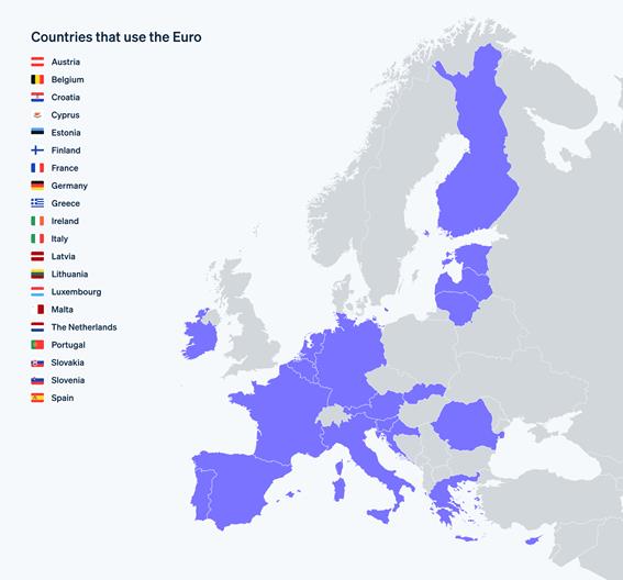 Countries that use the Euro - Map that highlights which countries use the Euro
