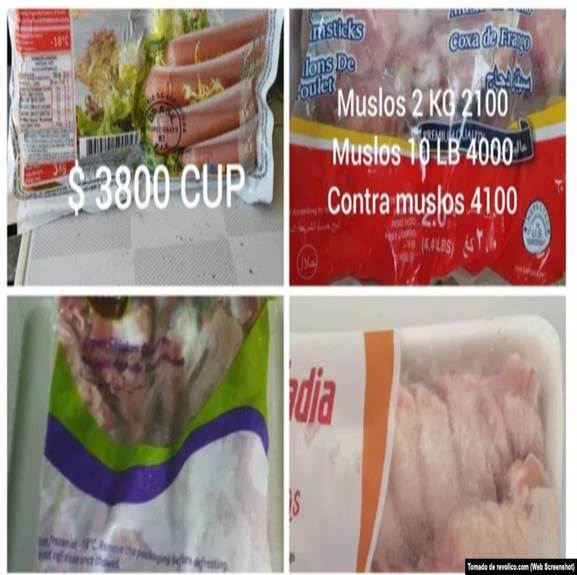 Un paquete de salchichas cuesta 3.800 pesos y los paquetes de pollo sobrepasan los cuatro mil pesos, según anuncia el portal de ventas revolico.com el 14 de agosto de 2024.