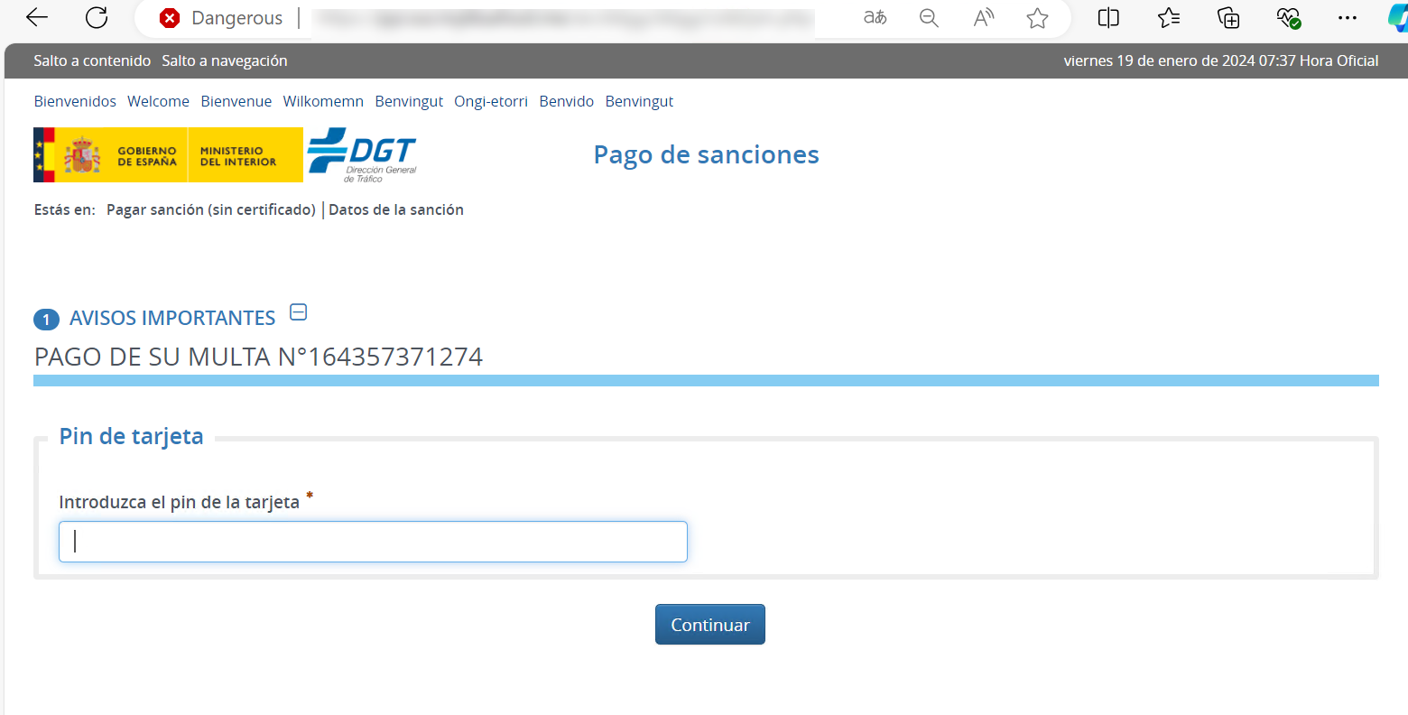 Esta imagen representa la última pantalla del proceso, en la cual se le indica al usuario que introduzca el código PIN de su tarjeta de crédito.