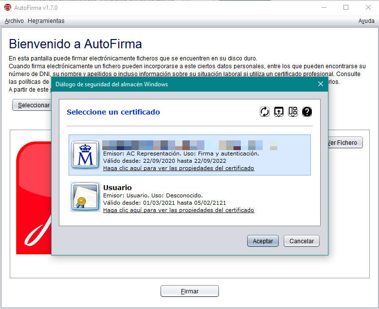 Seleccionar certificado digital para firmar