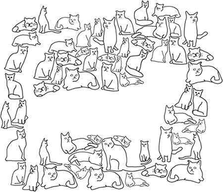 Varios gatos pequeños organizados de manera que dejan un espacio en blanco que es otro gato más grande.