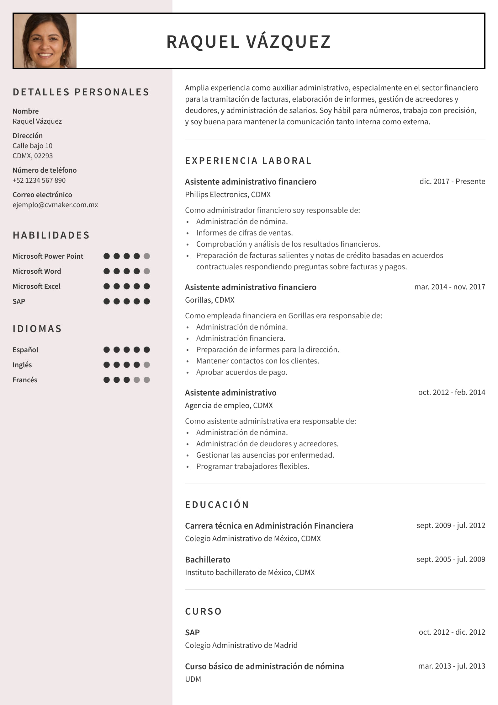 Ejemplo currículum vitae cronológico - Asistente administrativo