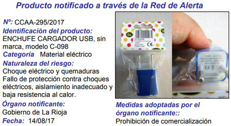 Alerta de seguridad de un cargador USB