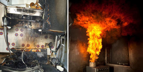 Incendio en cocina y reacción del fuego al echar agua